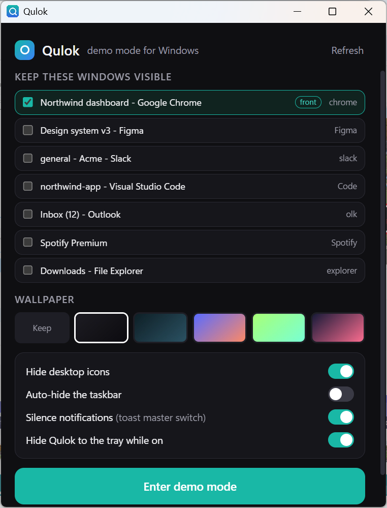 The Qulok window with a list of open windows to keep, wallpaper choices and toggles